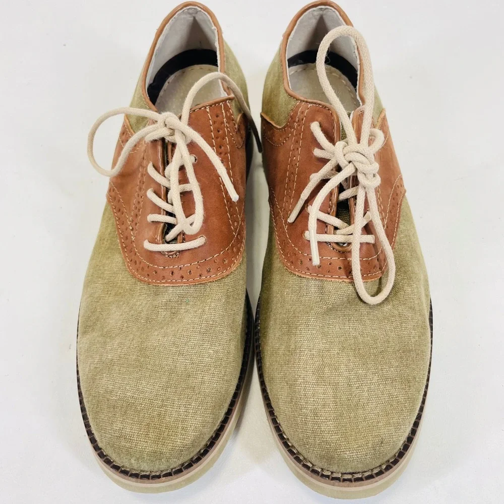 GH Bass Eli Mens 7.5 M Olive Canvas Brown Leather Saddle Oxford Shoes 0031-2554